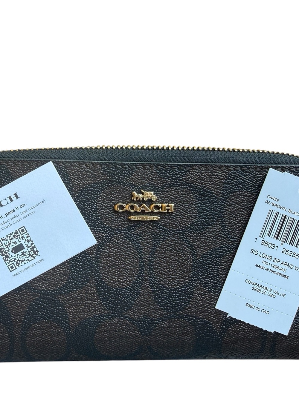 Coach Brown and Black Signature Zip Wallet with Gold Logo
